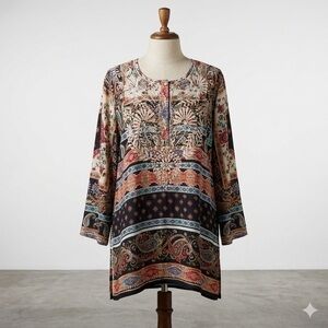 KAREN SEO Silk Embroidered Tunic, Size Large.